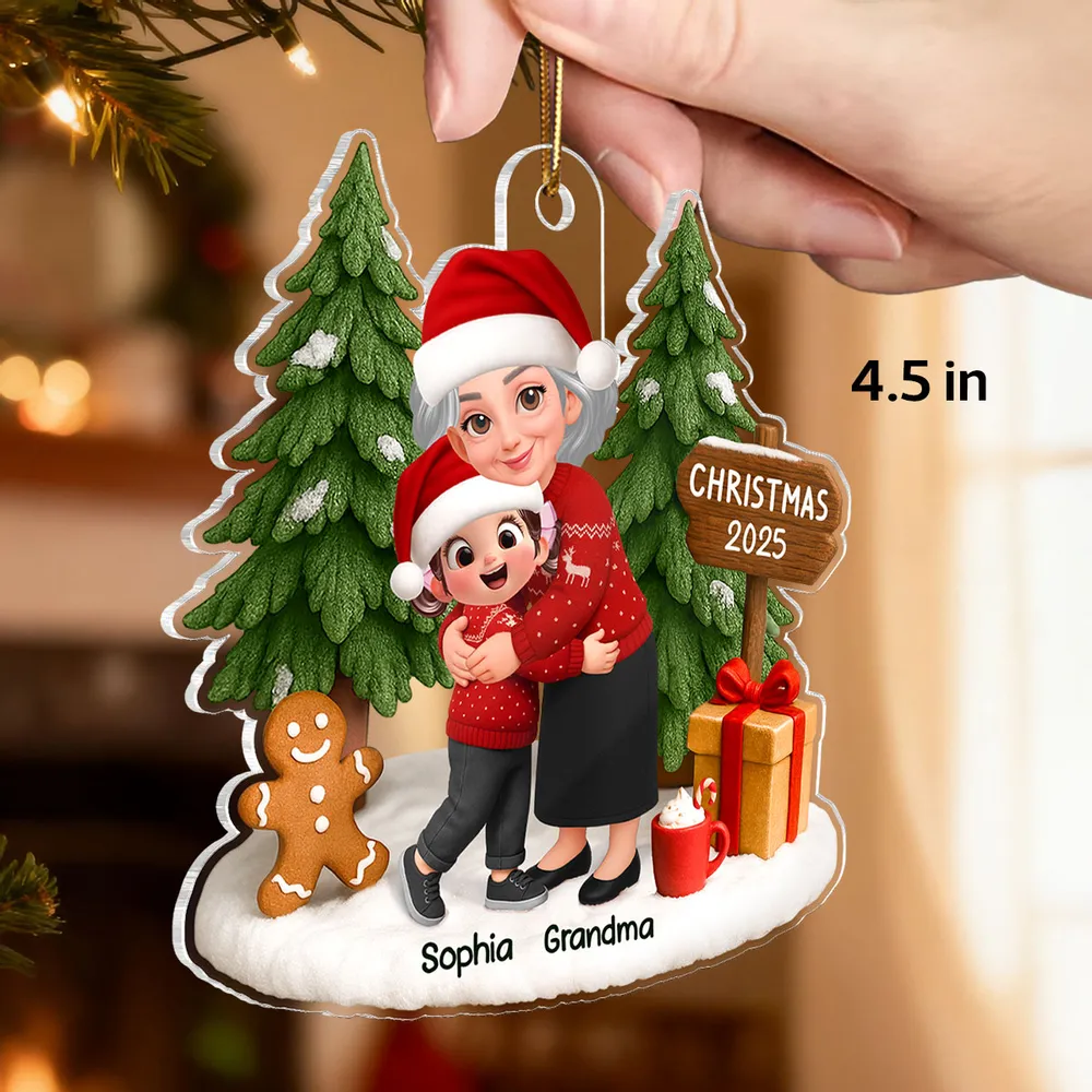 Acrylic Ornament Featuring Grandma & Granddaughter Hug, Christmas Tree Scene, Clear Print, Perfect Holiday Gift - Image 2