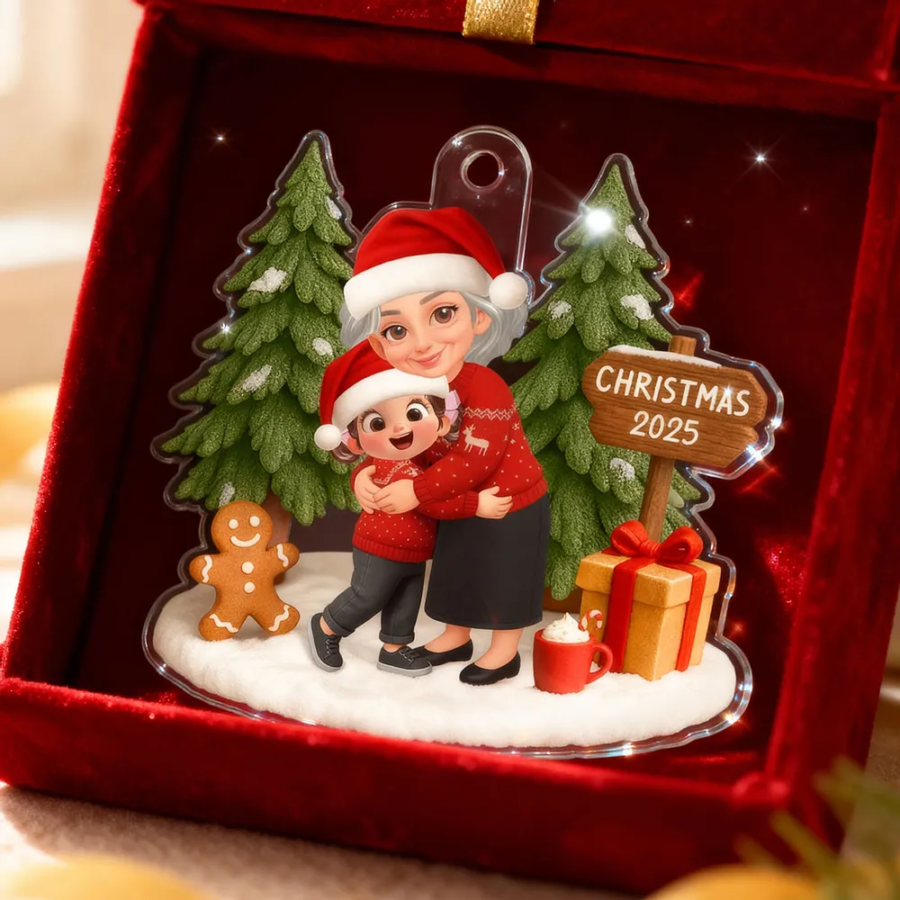 Acrylic Ornament Featuring Grandma & Granddaughter Hug, Christmas Tree Scene, Clear Print, Perfect Holiday Gift - Image 3