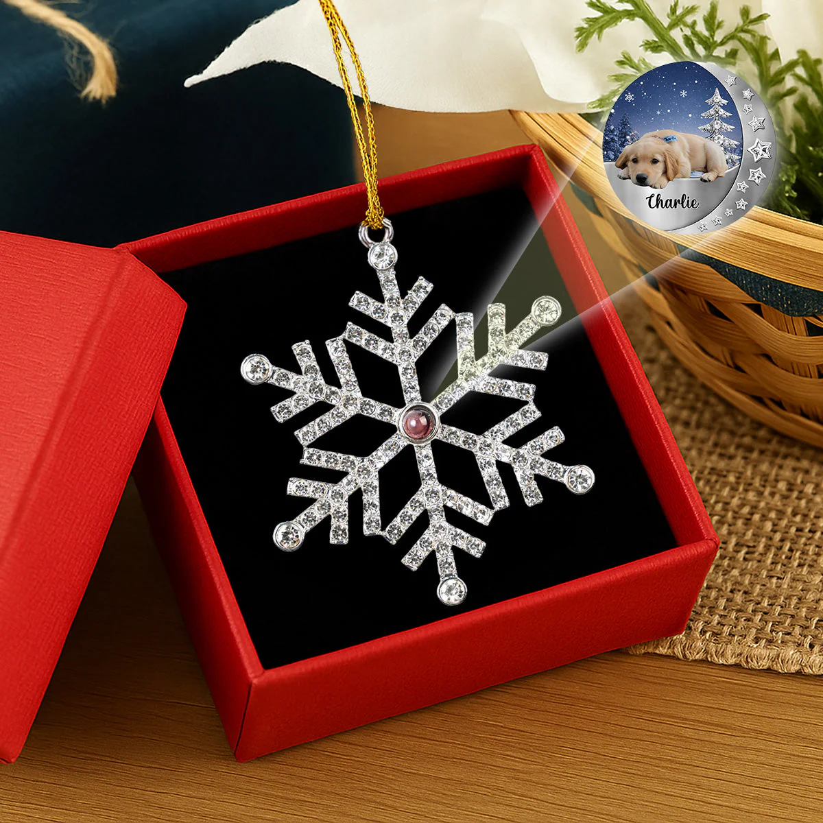 Photo Projection Ornament Crystal Snowflake, Pet Photo Keepsake with Snowy Night Scene, unique gift for pet parents - Image 5