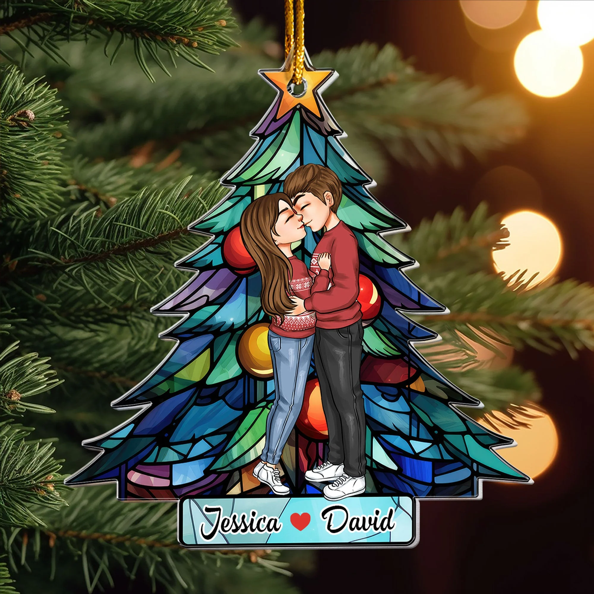 Acrylic Ornament with stained-glass style Christmas tree, hugging couple theme—easy to hang, festive décor and a perfect gift for partners - Image 2