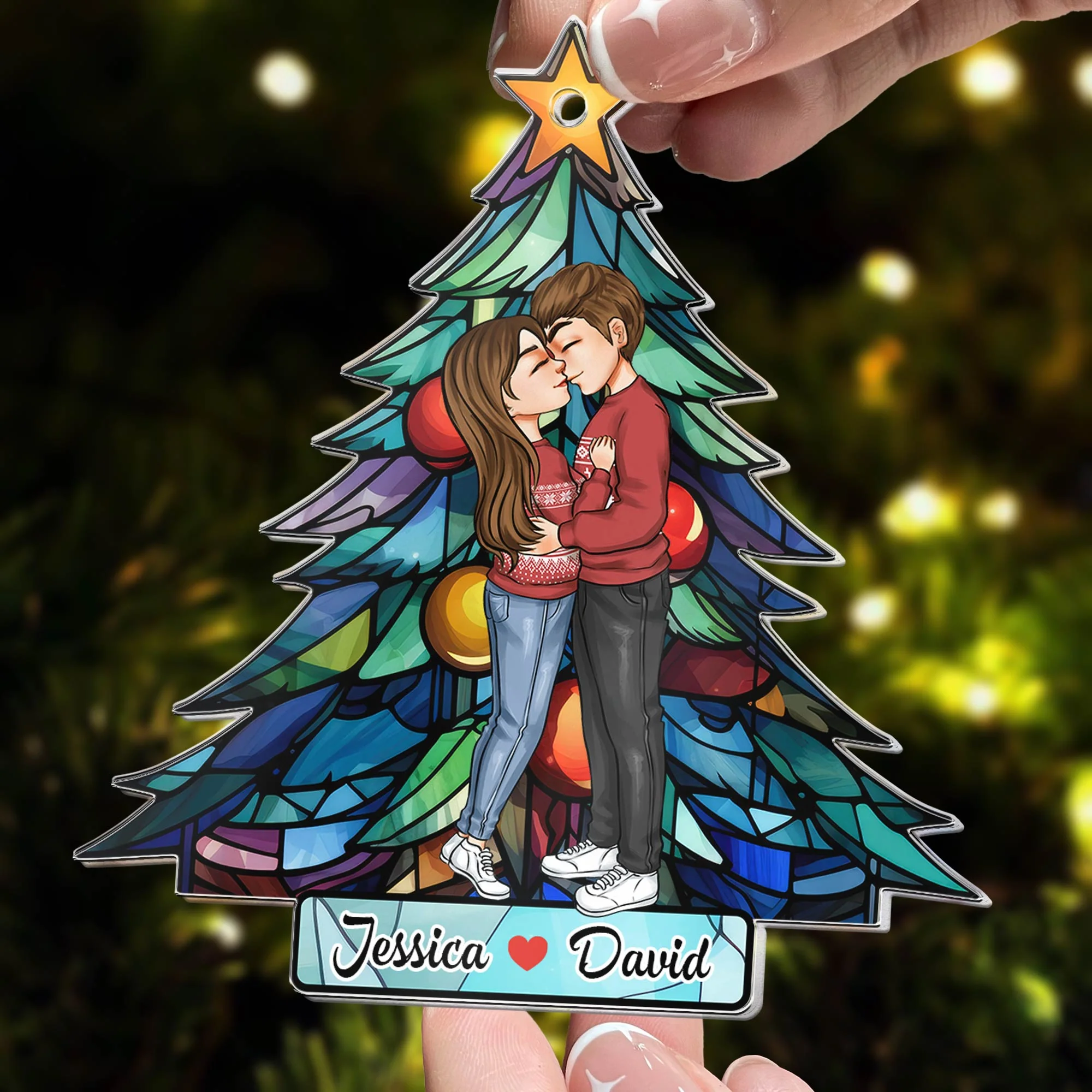 Acrylic Ornament with stained-glass style Christmas tree, hugging couple theme—easy to hang, festive décor and a perfect gift for partners - Image 3
