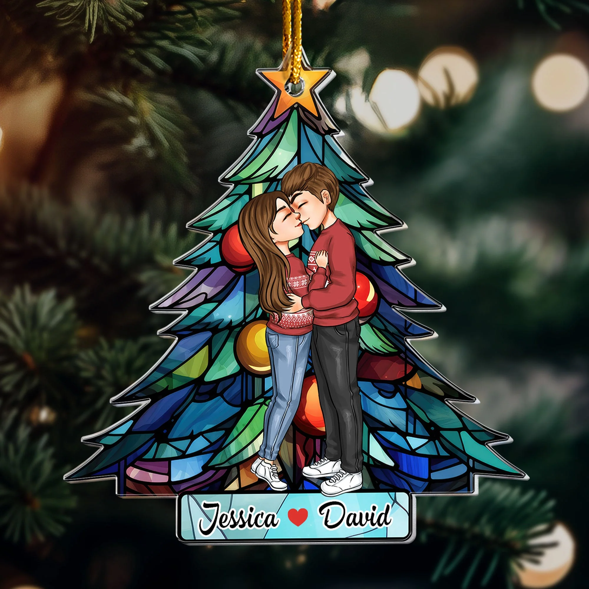 Acrylic Ornament with stained-glass style Christmas tree, hugging couple theme—easy to hang, festive décor and a perfect gift for partners - Image 4