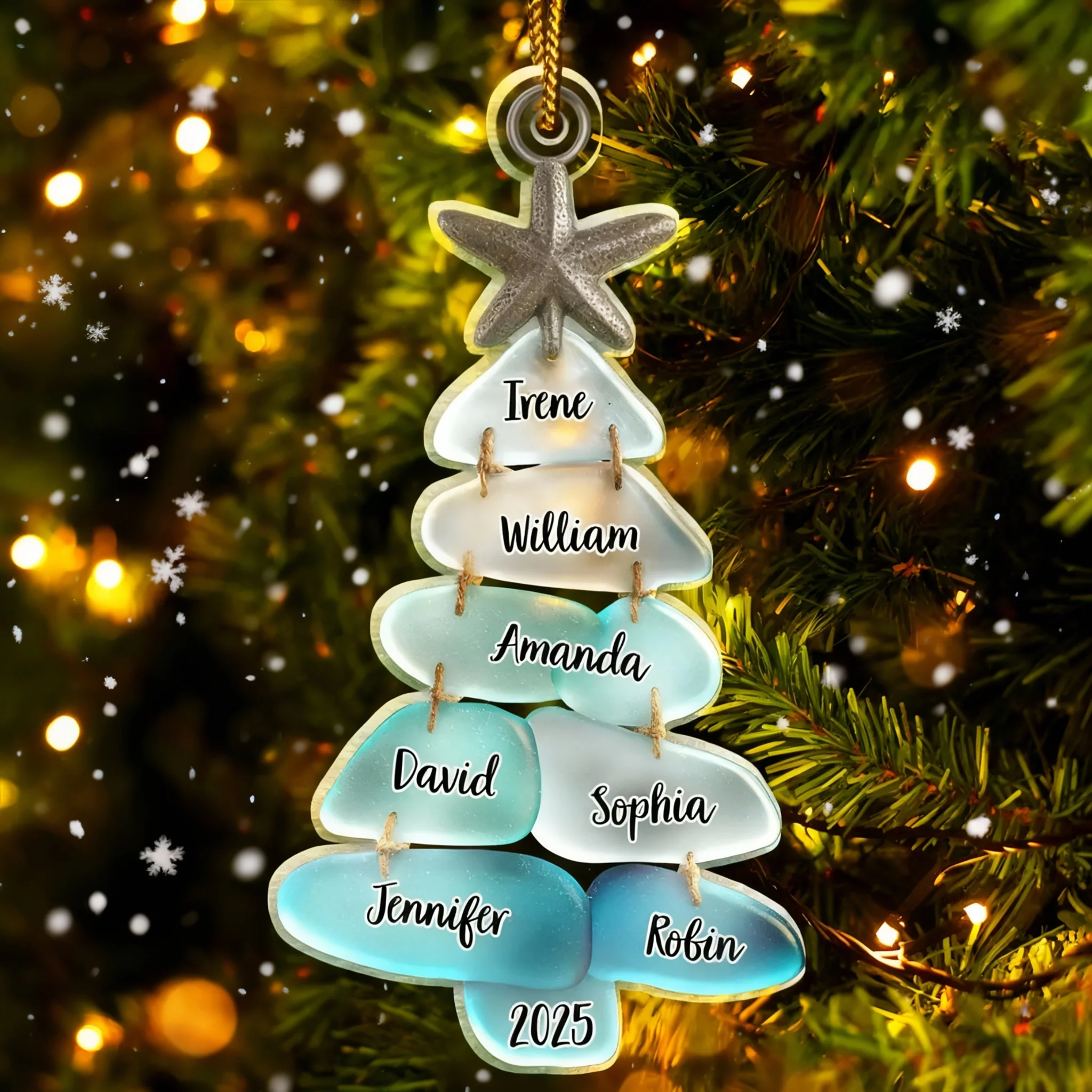 Acrylic Ornament, Personalized Sea-Glass Tree for Christmas Decor, Coastal Aqua Glow, a unique family gift