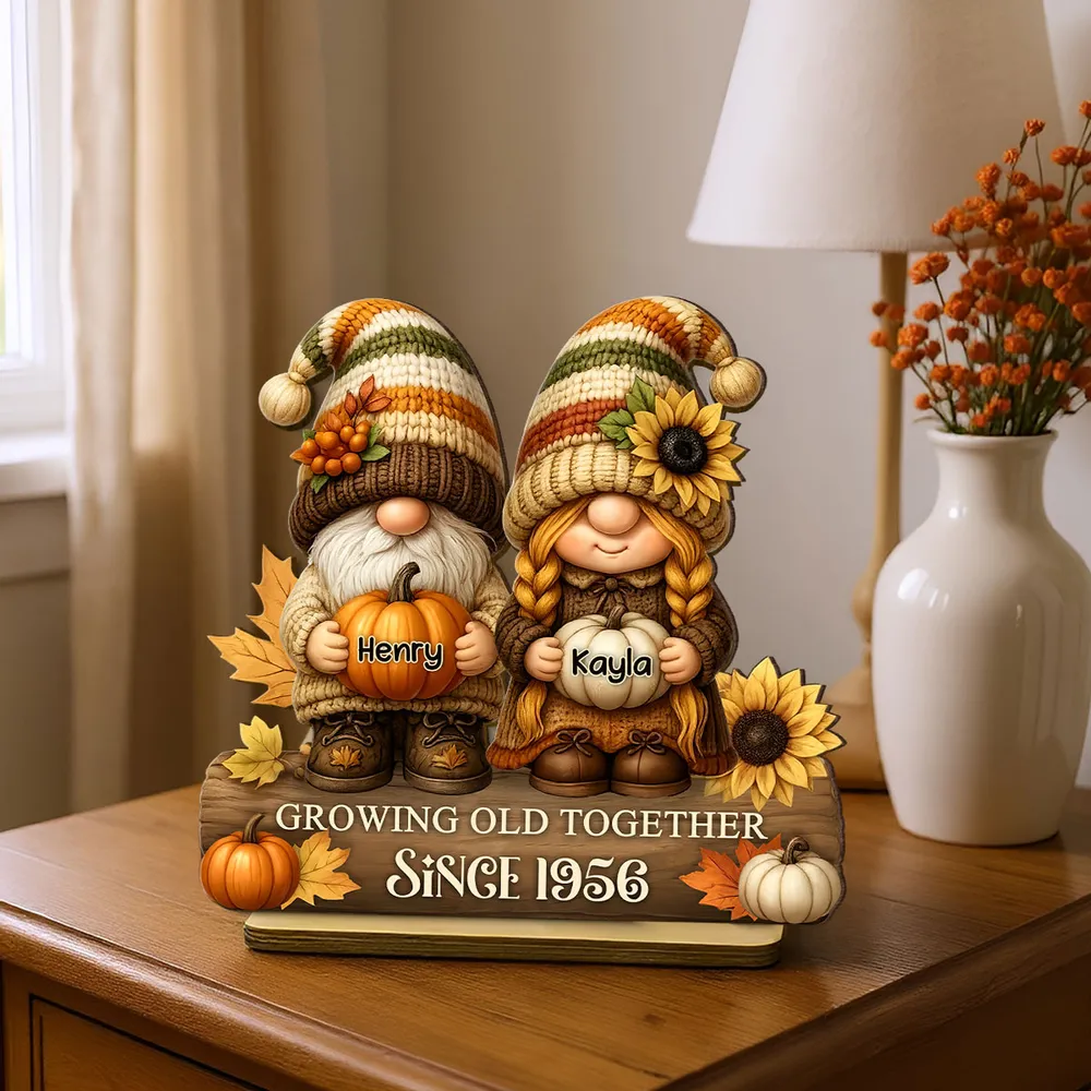 Gnome Couple Wooden Plaque, Customizable Fall Pumpkins and Sunflowers, Romantic Keepsake for Home, Unique Couple Gift - Image 2