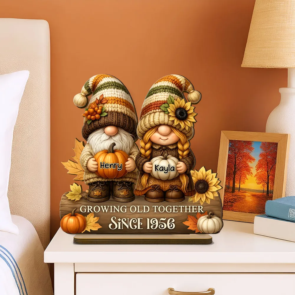 Gnome Couple Wooden Plaque, Customizable Fall Pumpkins and Sunflowers, Romantic Keepsake for Home, Unique Couple Gift - Image 6