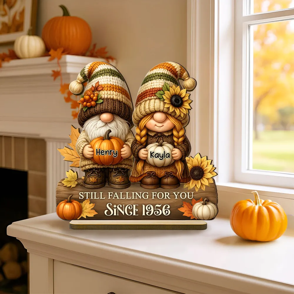 Gnome Couple Wooden Plaque, Customizable Fall Pumpkins and Sunflowers, Romantic Keepsake for Home, Unique Couple Gift - Image 8
