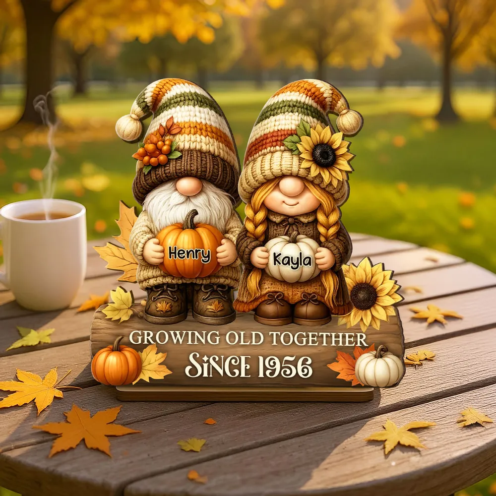 Gnome Couple Wooden Plaque, Customizable Fall Pumpkins and Sunflowers, Romantic Keepsake for Home, Unique Couple Gift - Image 9