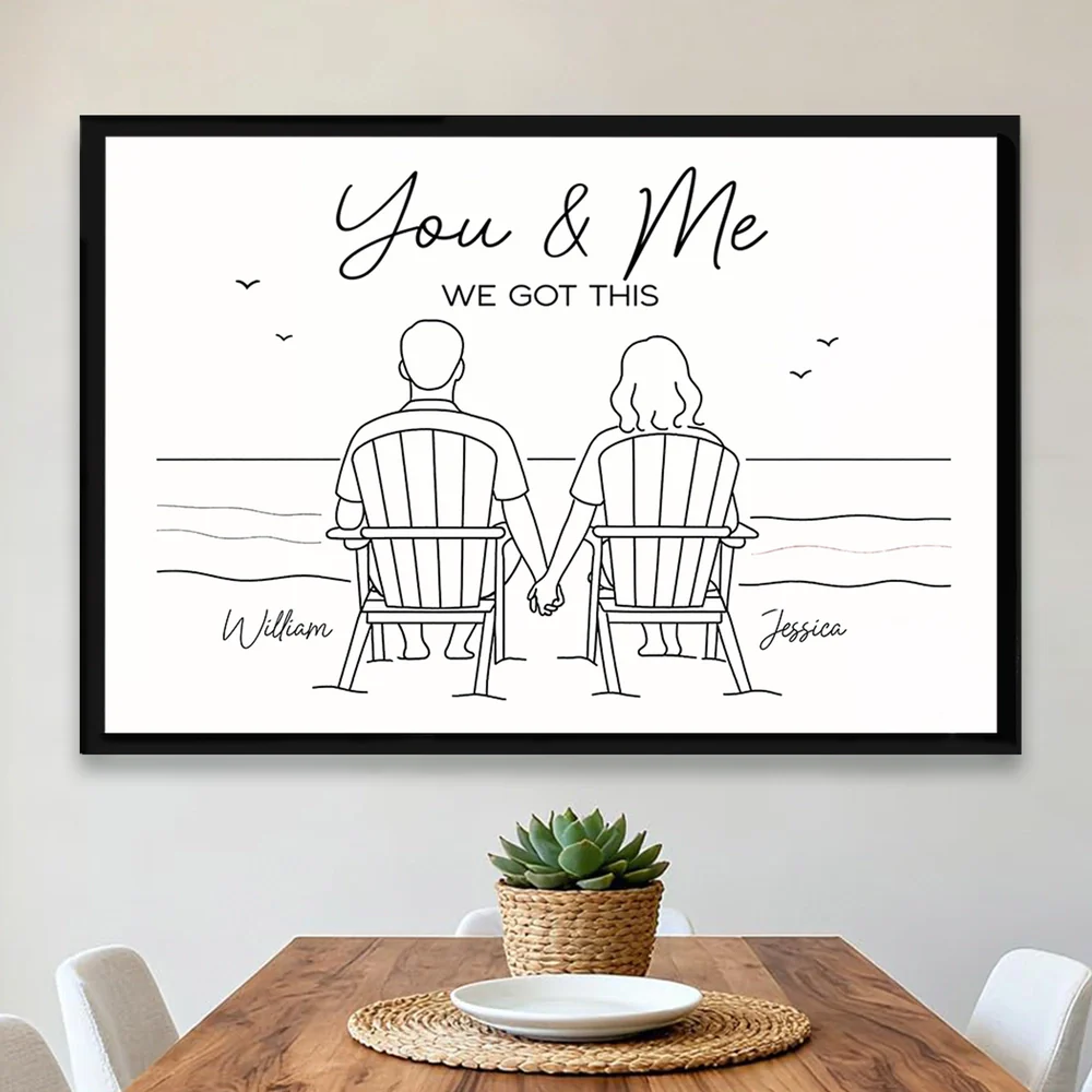 Custom Line Art Beach Poster – Holding Hands Couple Illustration, Add Names, Perfect Anniversary or Valentine’s Gift