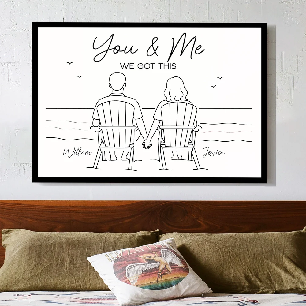 Custom Line Art Beach Poster – Holding Hands Couple Illustration, Add Names, Perfect Anniversary or Valentine’s Gift - Image 2