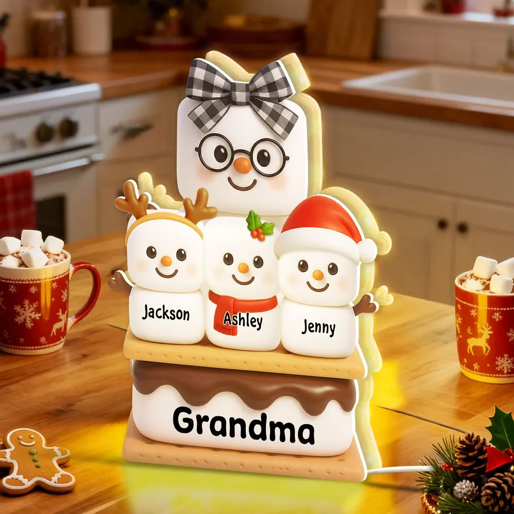 Personalized Acrylic Light Box - Cute S'mores Marshmallow Stack with Santa Hats & Warm Glow - Unique Gift for Grandma - Image 3