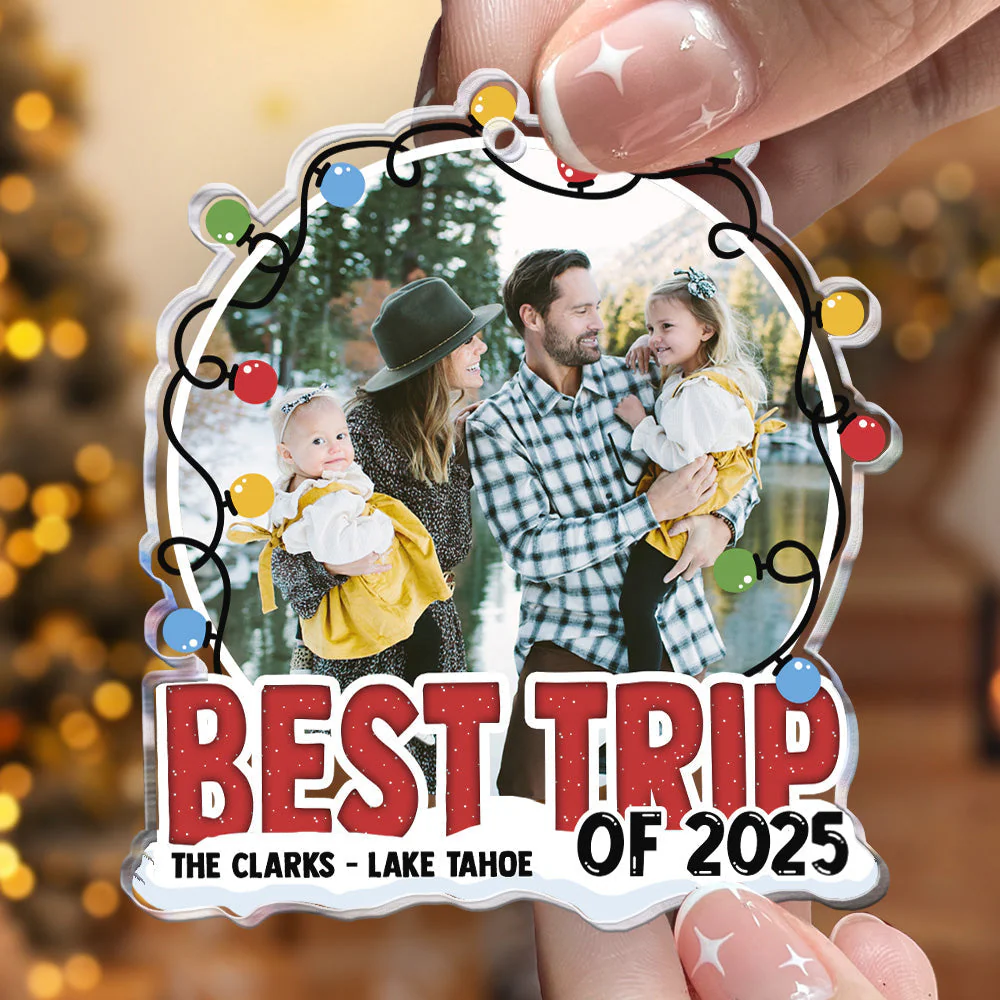 Acrylic Ornament Custom Photo, Festive Lights Frame, Family Hug by a Mountain Lake - Unique Gift for Travelers & Families - Image 3