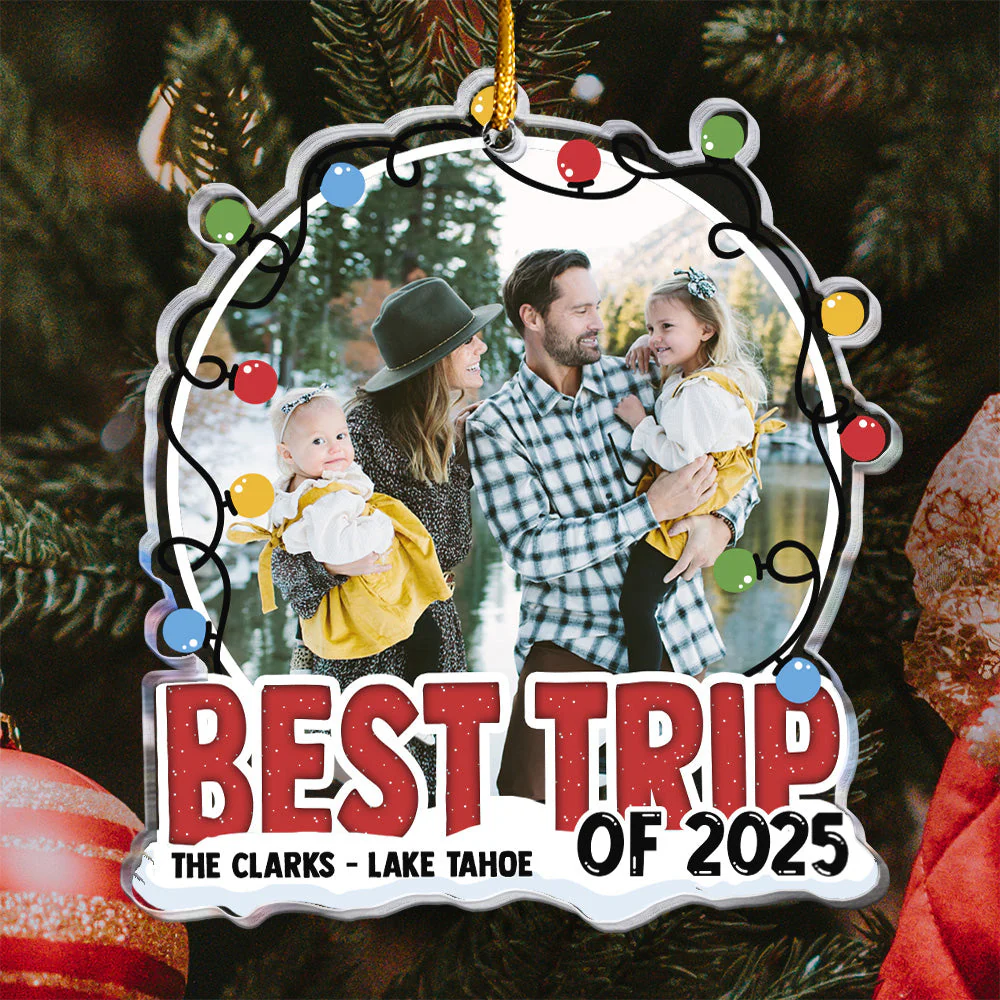 Acrylic Ornament Custom Photo, Festive Lights Frame, Family Hug by a Mountain Lake - Unique Gift for Travelers & Families - Image 4