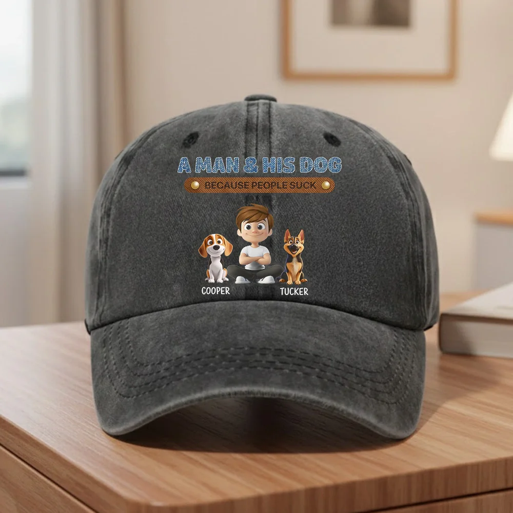 Personalized Washed Denim Baseball Cap for Dog & Cat Dads, Funny Cartoon Design, Casual Outdoor Wear, Unique Gift for Pet Lovers - Image 2