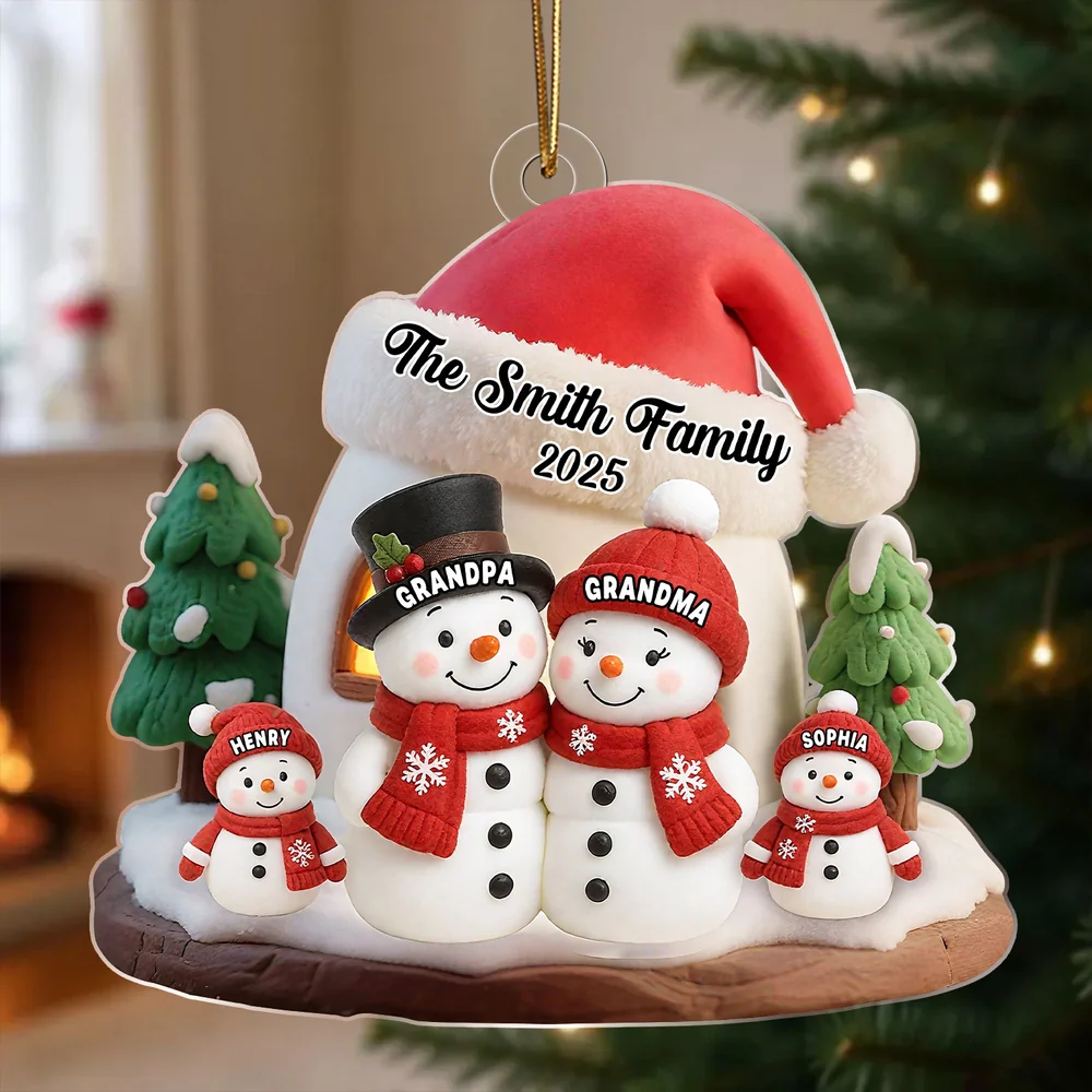 Snowman Family Ornament - Personalized Acrylic, Cozy Winter Scene, Unique Christmas Gift for Grandparents or Parents - Image 2