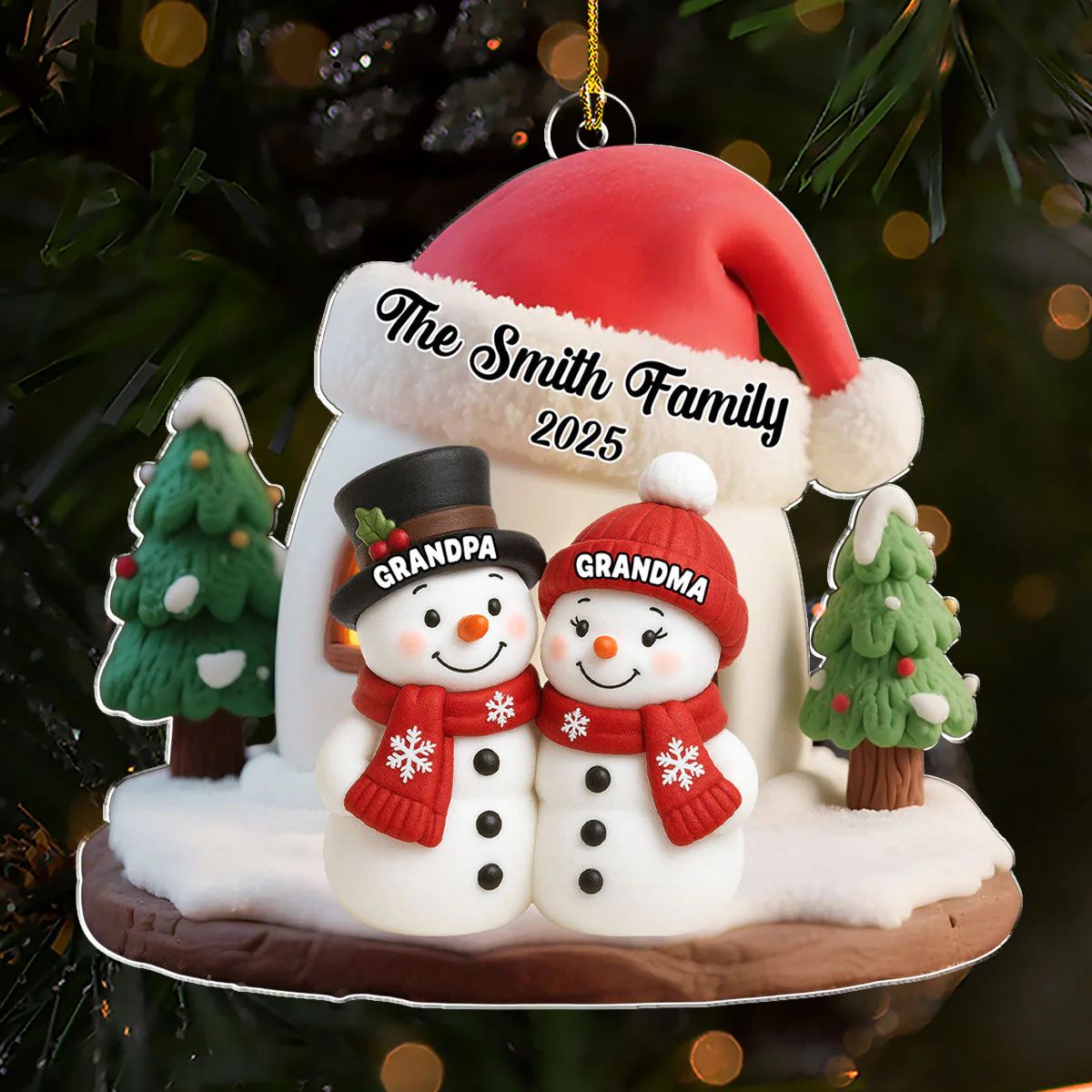 Snowman Family Ornament - Personalized Acrylic, Cozy Winter Scene, Unique Christmas Gift for Grandparents or Parents - Image 3