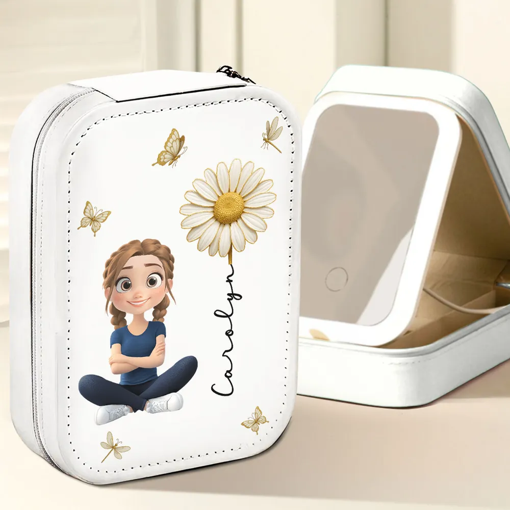 Leather LED Makeup Case - Cute Sitting Cartoon Girl Design, Travel-Ready Mirror, a Unique Gift for Daughter or Best Friend - Image 2