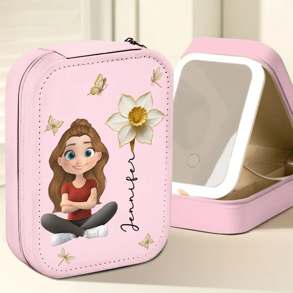 Leather LED Makeup Case - Cute Sitting Cartoon Girl Design, Travel-Ready Mirror, a Unique Gift for Daughter or Best Friend - Image 3