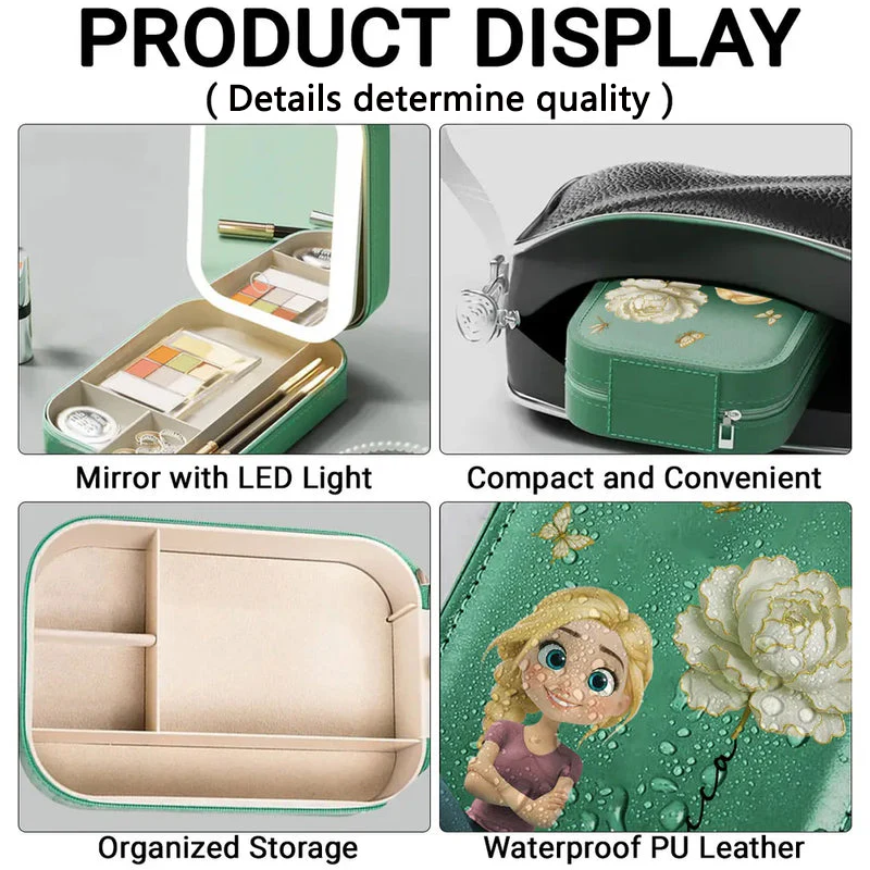 Leather LED Makeup Case - Cute Sitting Cartoon Girl Design, Travel-Ready Mirror, a Unique Gift for Daughter or Best Friend - Image 6