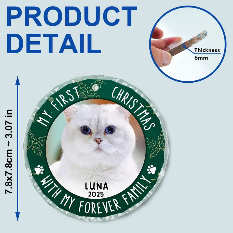 Crystal Ornament with Pet Photo, My First Christmas Circle Design in Green Holly, a Unique Gift for Pet Parents - Image 4