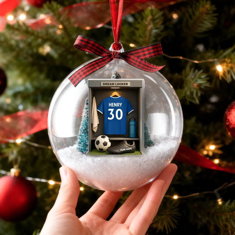 Christmas Snow Globe Ornament - Soccer Locker Mini Scene, Clear Acrylic, Personalized - Unique Gift for Son, Grandson, Boyfriend - Image 10