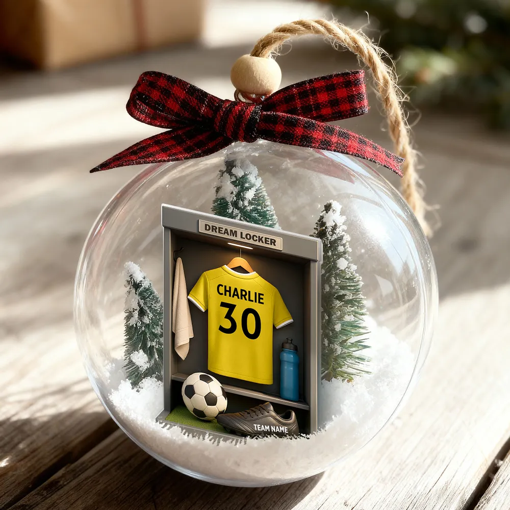 Christmas Snow Globe Ornament - Soccer Locker Mini Scene, Clear Acrylic, Personalized - Unique Gift for Son, Grandson, Boyfriend - Image 11