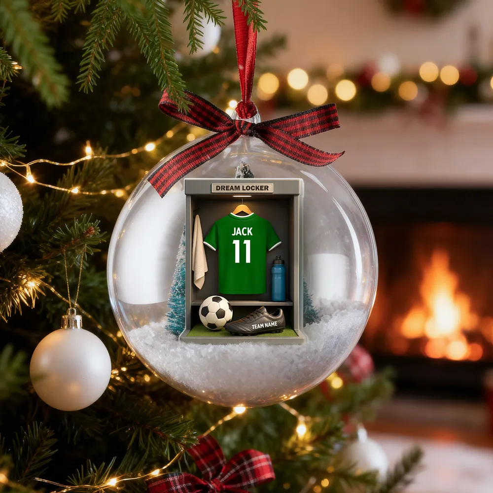Christmas Snow Globe Ornament - Soccer Locker Mini Scene, Clear Acrylic, Personalized - Unique Gift for Son, Grandson, Boyfriend - Image 3