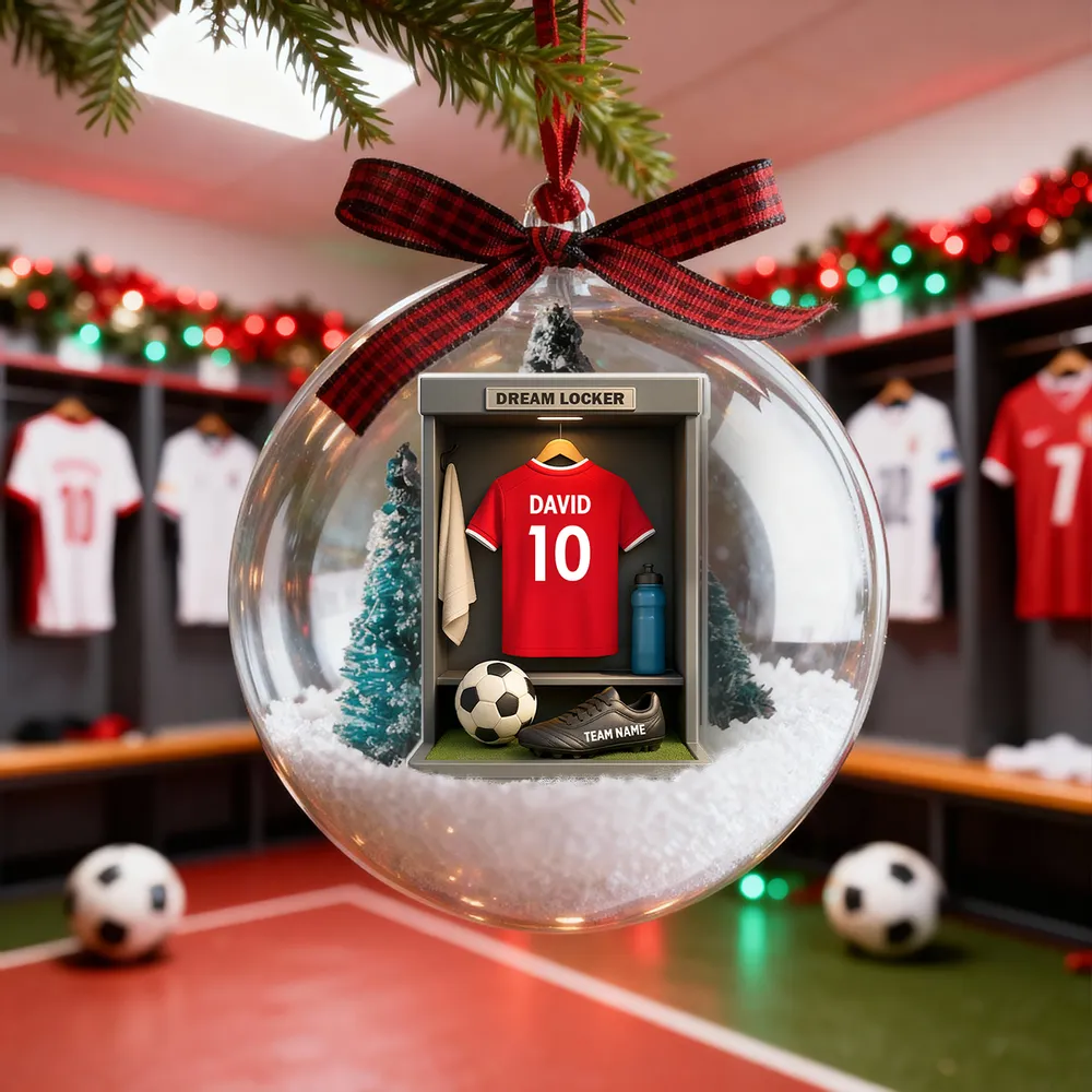 Christmas Snow Globe Ornament - Soccer Locker Mini Scene, Clear Acrylic, Personalized - Unique Gift for Son, Grandson, Boyfriend - Image 4