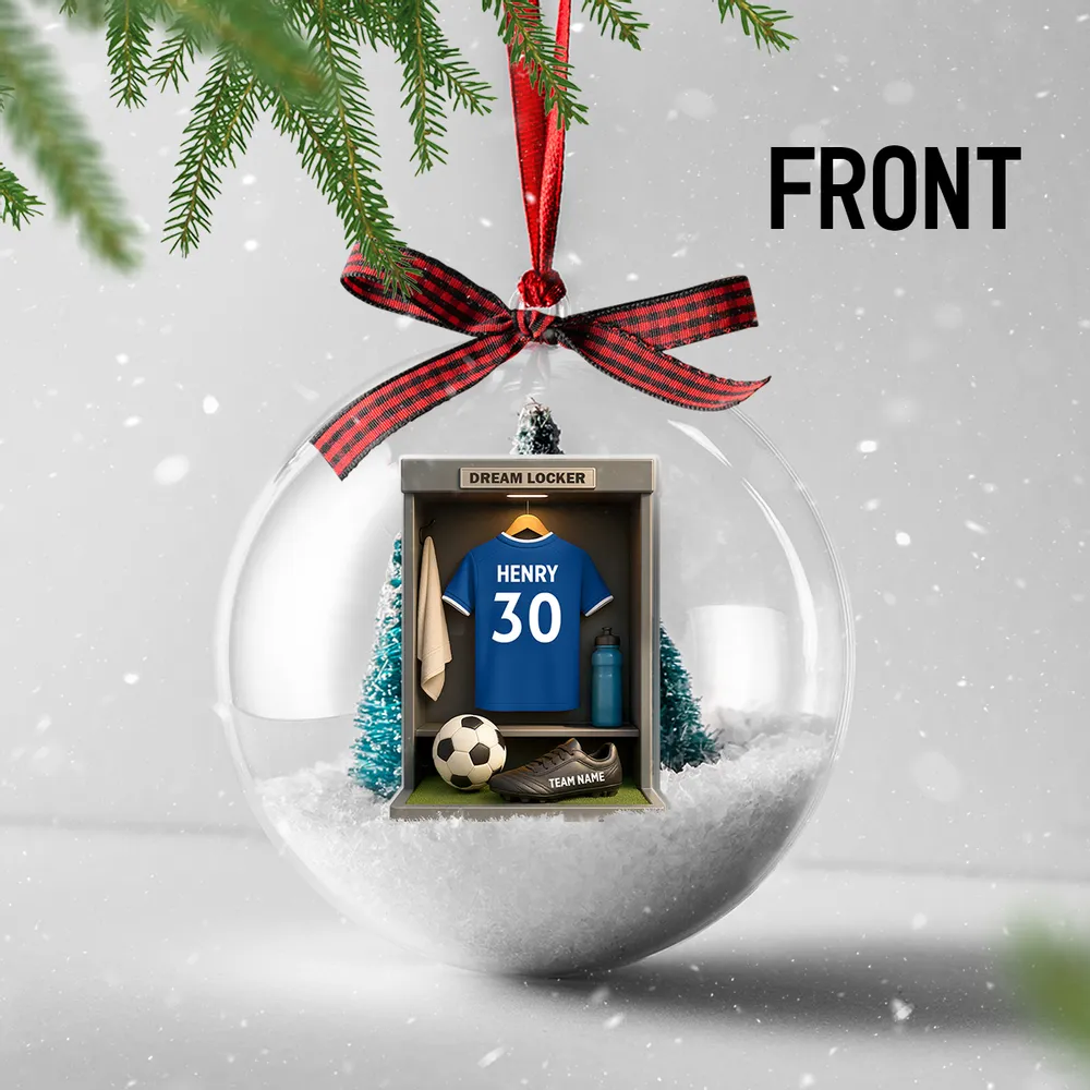 Christmas Snow Globe Ornament - Soccer Locker Mini Scene, Clear Acrylic, Personalized - Unique Gift for Son, Grandson, Boyfriend - Image 5