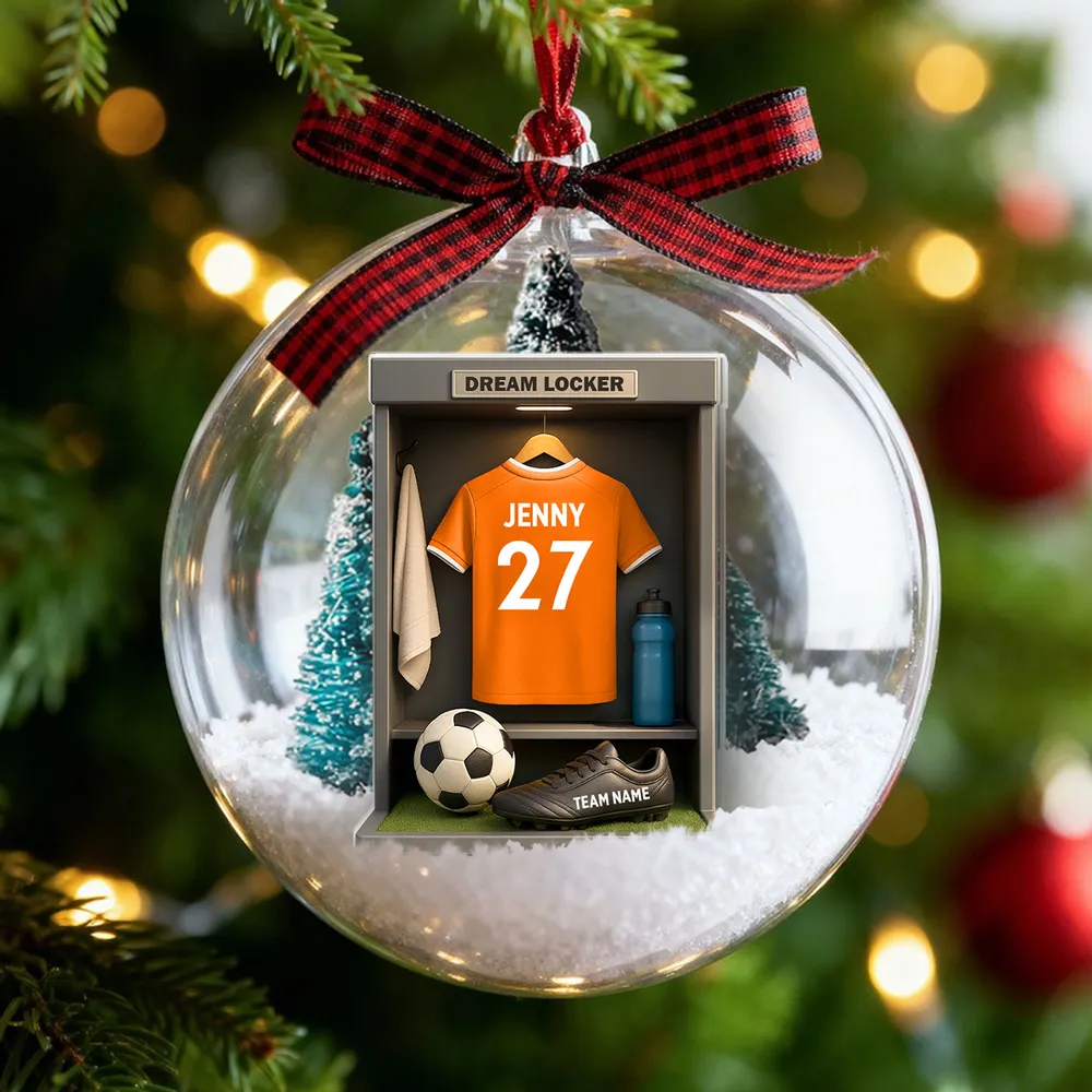 Christmas Snow Globe Ornament - Soccer Locker Mini Scene, Clear Acrylic, Personalized - Unique Gift for Son, Grandson, Boyfriend - Image 9