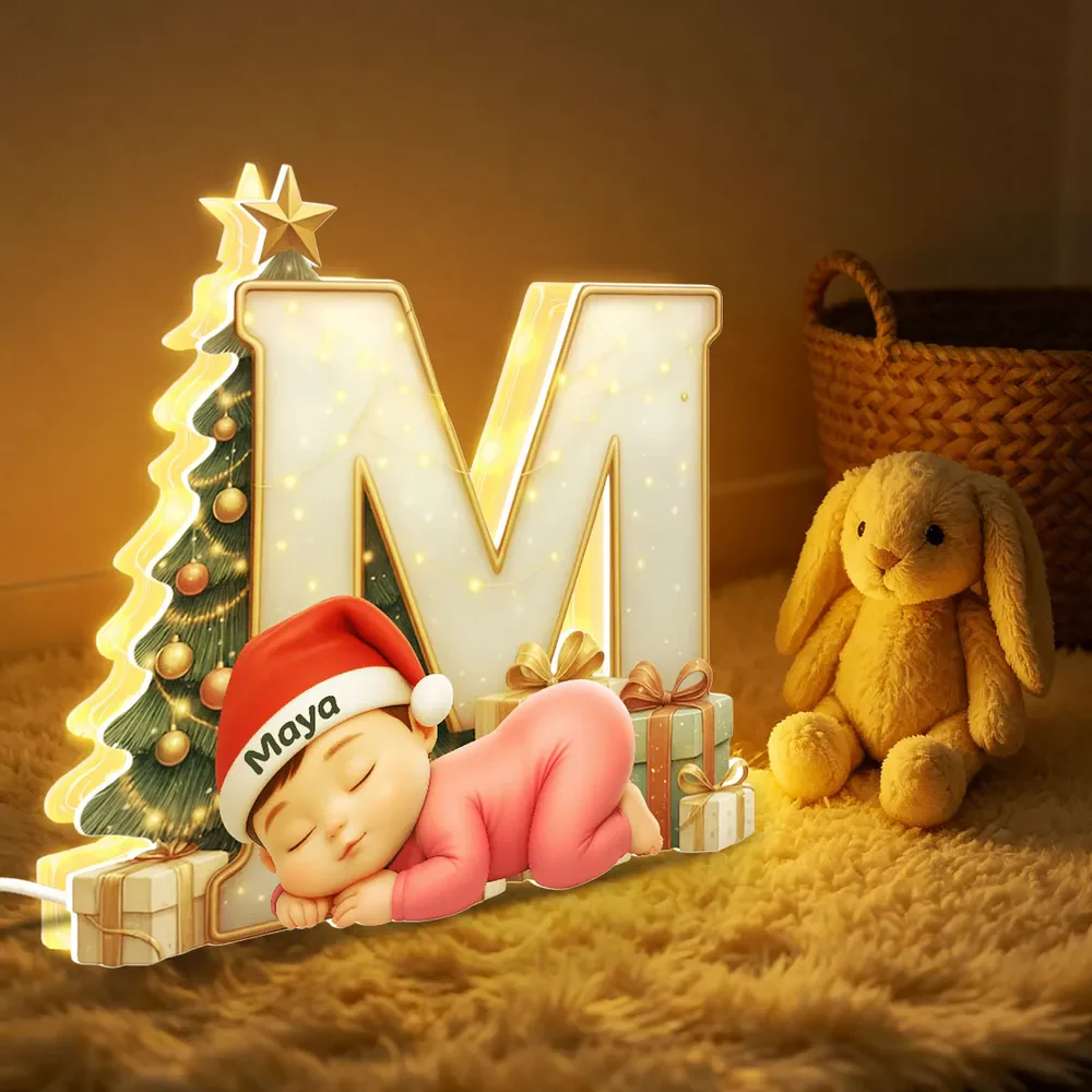 Acrylic Ornament with Sleeping Baby & Initial Letter, Christmas Tree Scene, heartwarming decor, a unique gift for New Parents - Image 2