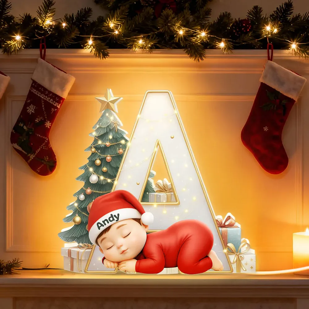 Acrylic Ornament with Sleeping Baby & Initial Letter, Christmas Tree Scene, heartwarming decor, a unique gift for New Parents - Image 5