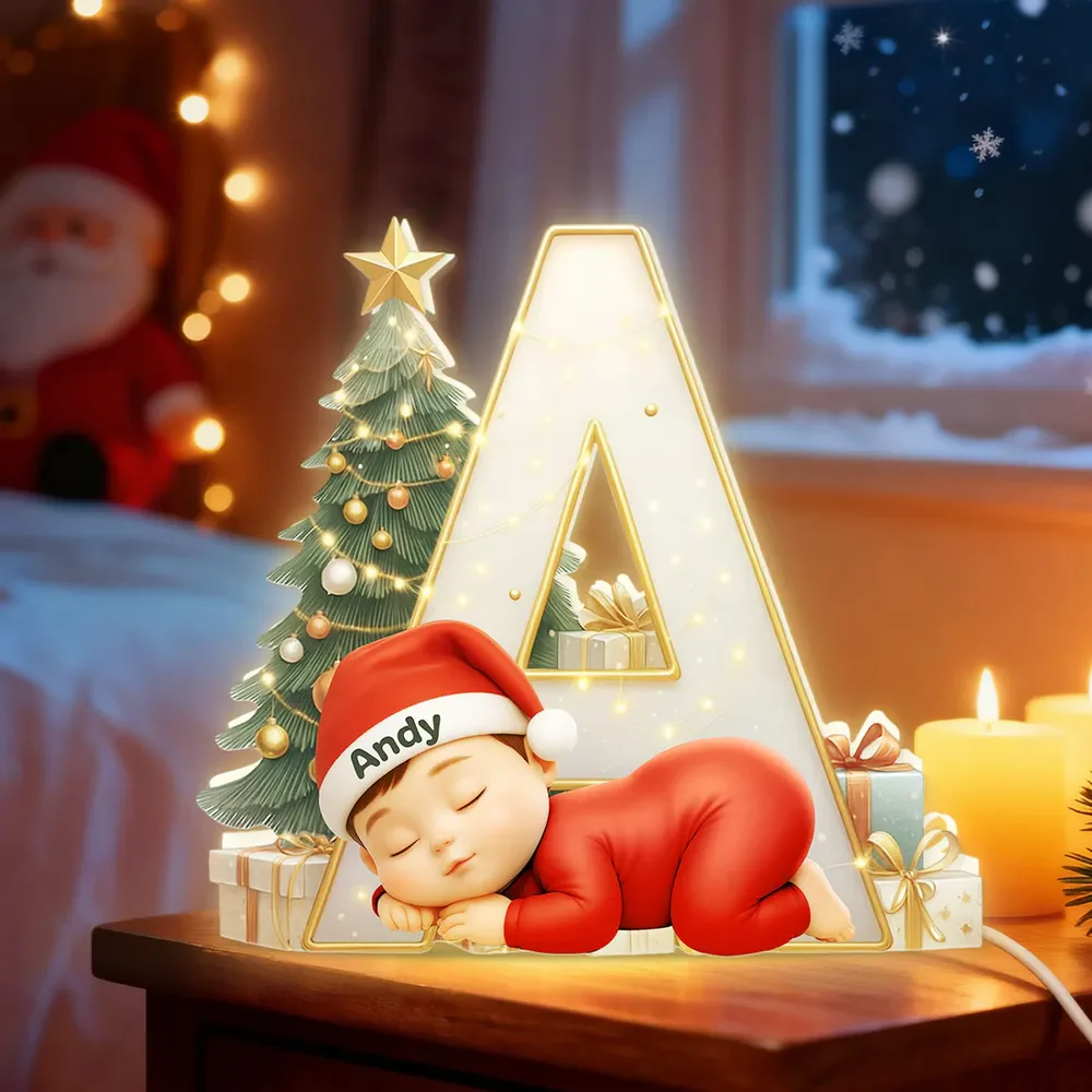 Acrylic Ornament with Sleeping Baby & Initial Letter, Christmas Tree Scene, heartwarming decor, a unique gift for New Parents - Image 6