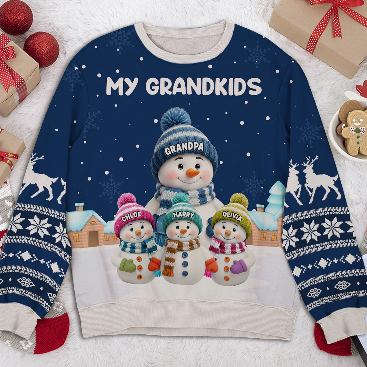 Christmas Sweatshirt for Grandparents, cute snowman family in snowy village, warm and soft, a unique gift for Grandma - Image 2