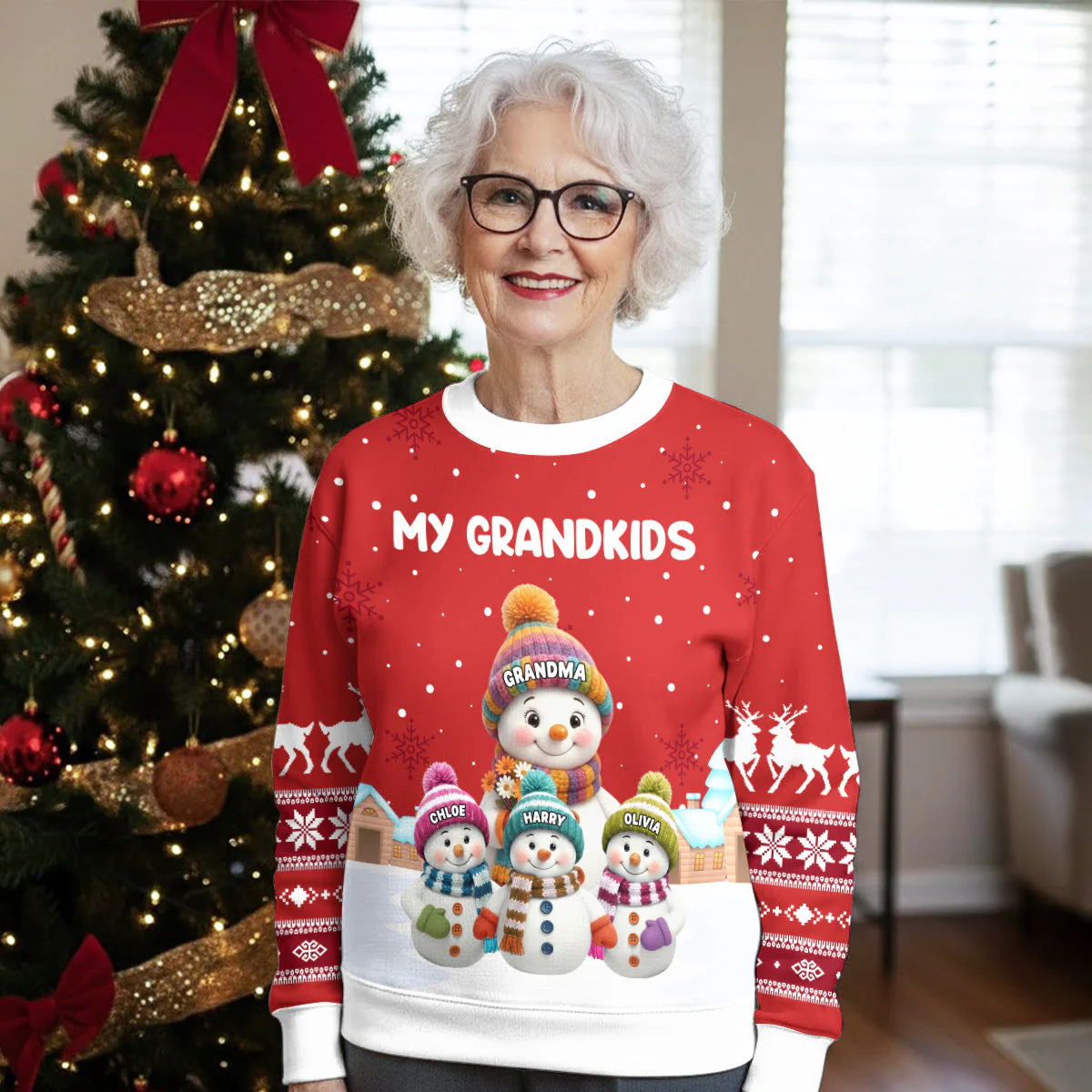 Christmas Sweatshirt for Grandparents, cute snowman family in snowy village, warm and soft, a unique gift for Grandma - Image 3
