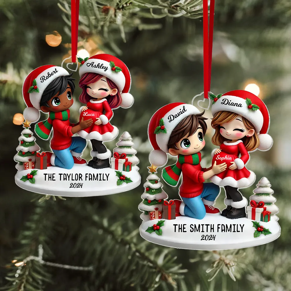 Christmas Acrylic Ornament - Expecting Couple with Santa Hats, Baby-Bump Moment, Festive Keepsake, a Unique Gift for New Mom & Dad - Image 2