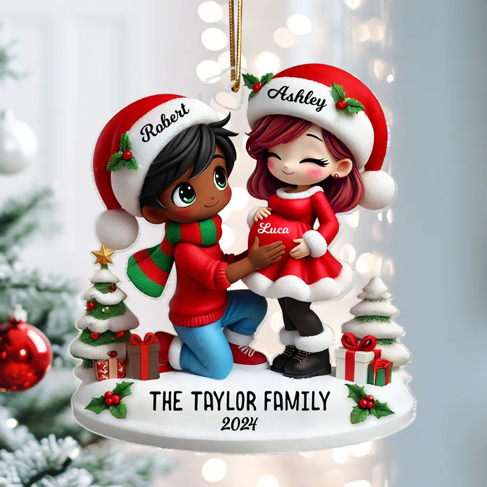 Christmas Acrylic Ornament - Expecting Couple with Santa Hats, Baby-Bump Moment, Festive Keepsake, a Unique Gift for New Mom & Dad - Image 3