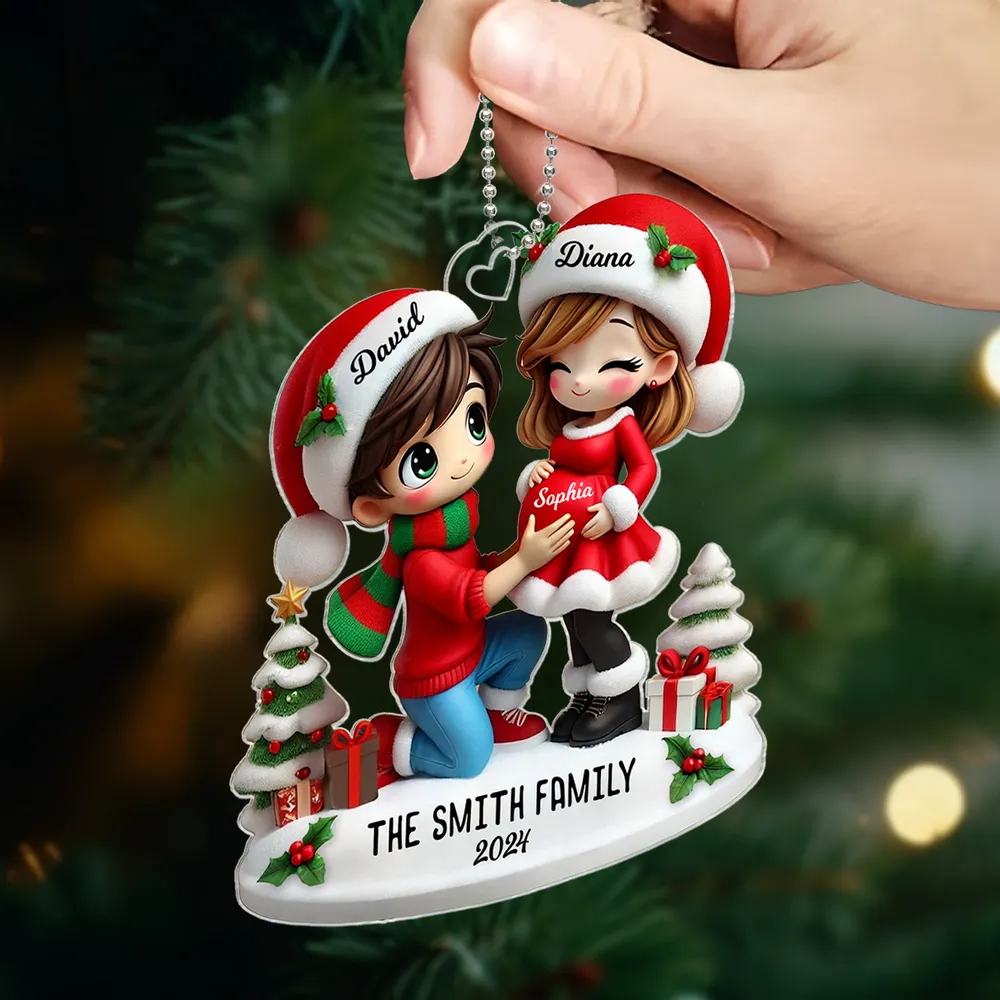 Christmas Acrylic Ornament - Expecting Couple with Santa Hats, Baby-Bump Moment, Festive Keepsake, a Unique Gift for New Mom & Dad - Image 5