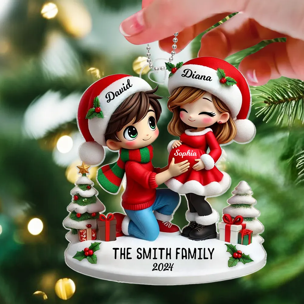 Christmas Acrylic Ornament - Expecting Couple with Santa Hats, Baby-Bump Moment, Festive Keepsake, a Unique Gift for New Mom & Dad - Image 6