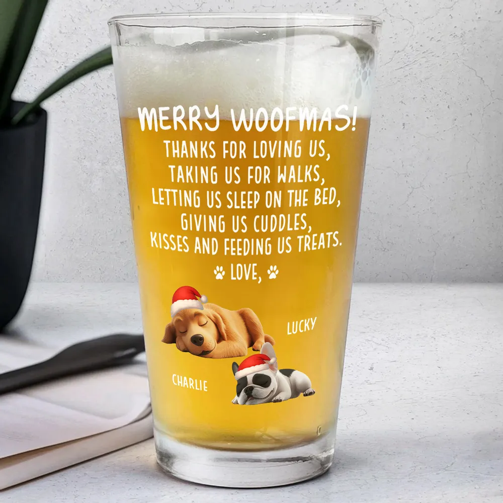 Beer Glass for Dog Lovers - Sleeping Puppy Santa Design, Christmas Message, a unique personalized gift for the home bar - Image 2