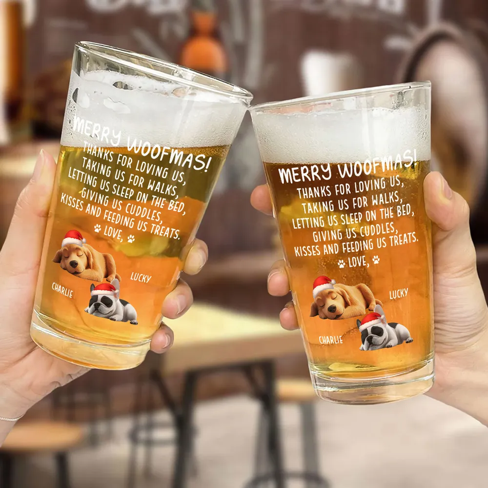 Beer Glass for Dog Lovers - Sleeping Puppy Santa Design, Christmas Message, a unique personalized gift for the home bar - Image 5