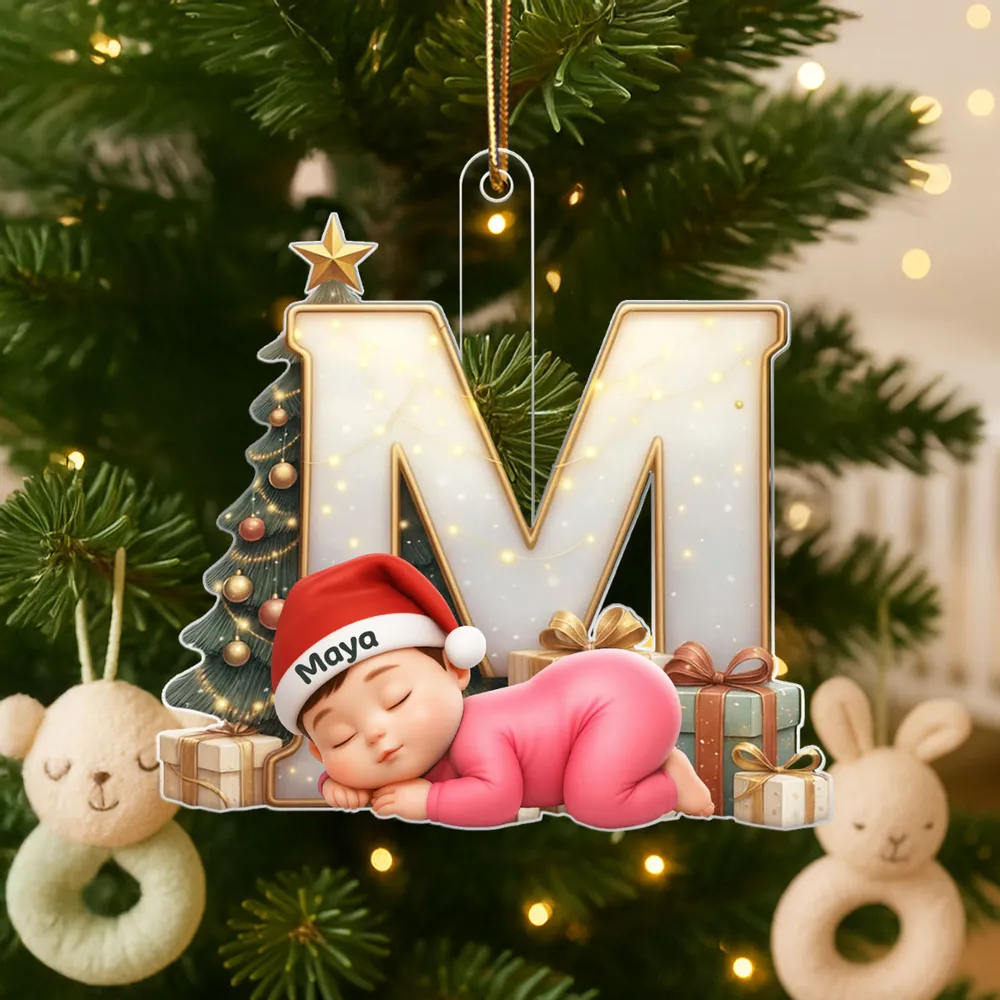 Baby Sleeping Initial Monogram Acrylic Ornament, Christmas Tree & Lights, unique gift for New Parents and Grandparents - Image 2