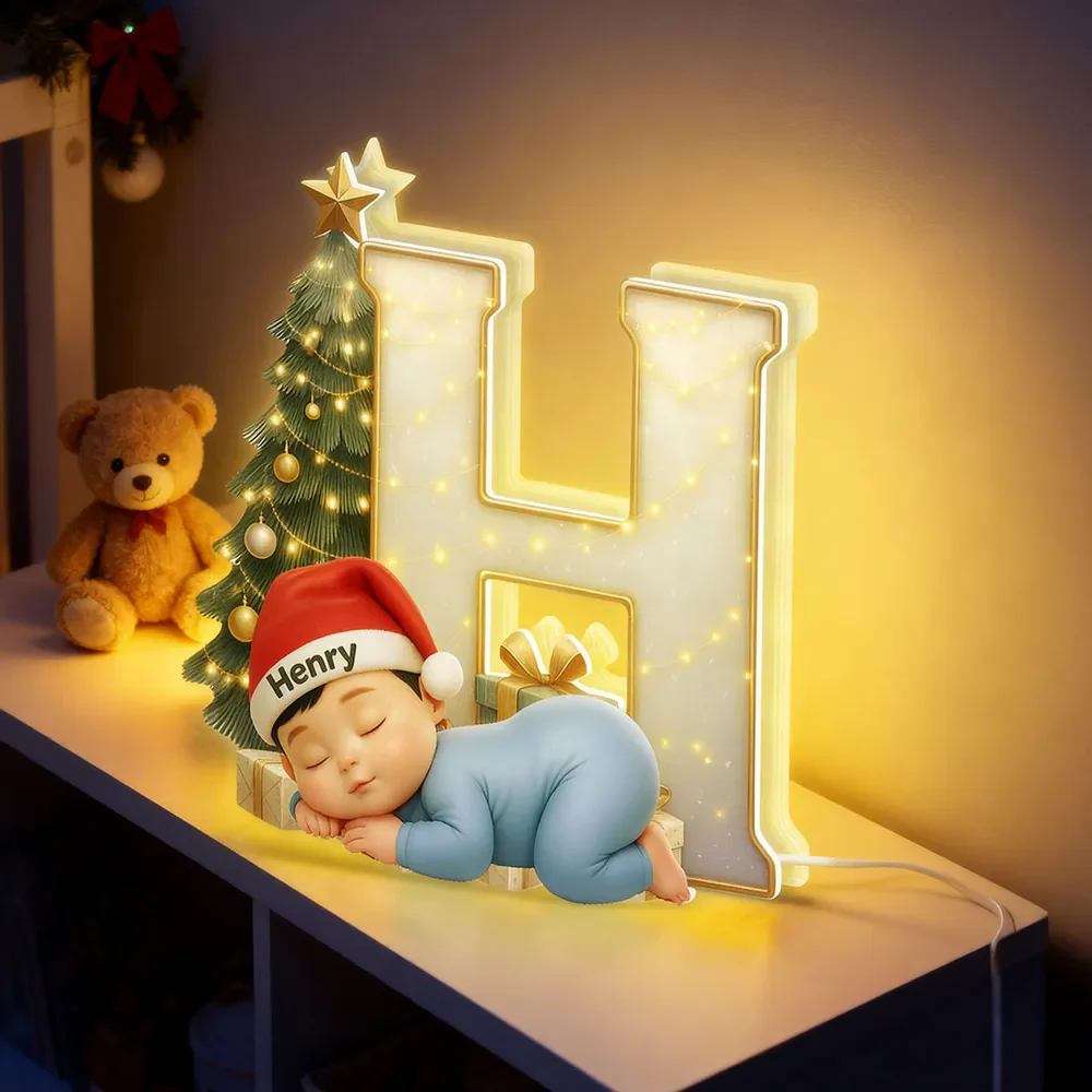 Acrylic Ornament with Sleeping Baby & Initial Letter, Christmas Tree Scene, heartwarming decor, a unique gift for New Parents - Image 3