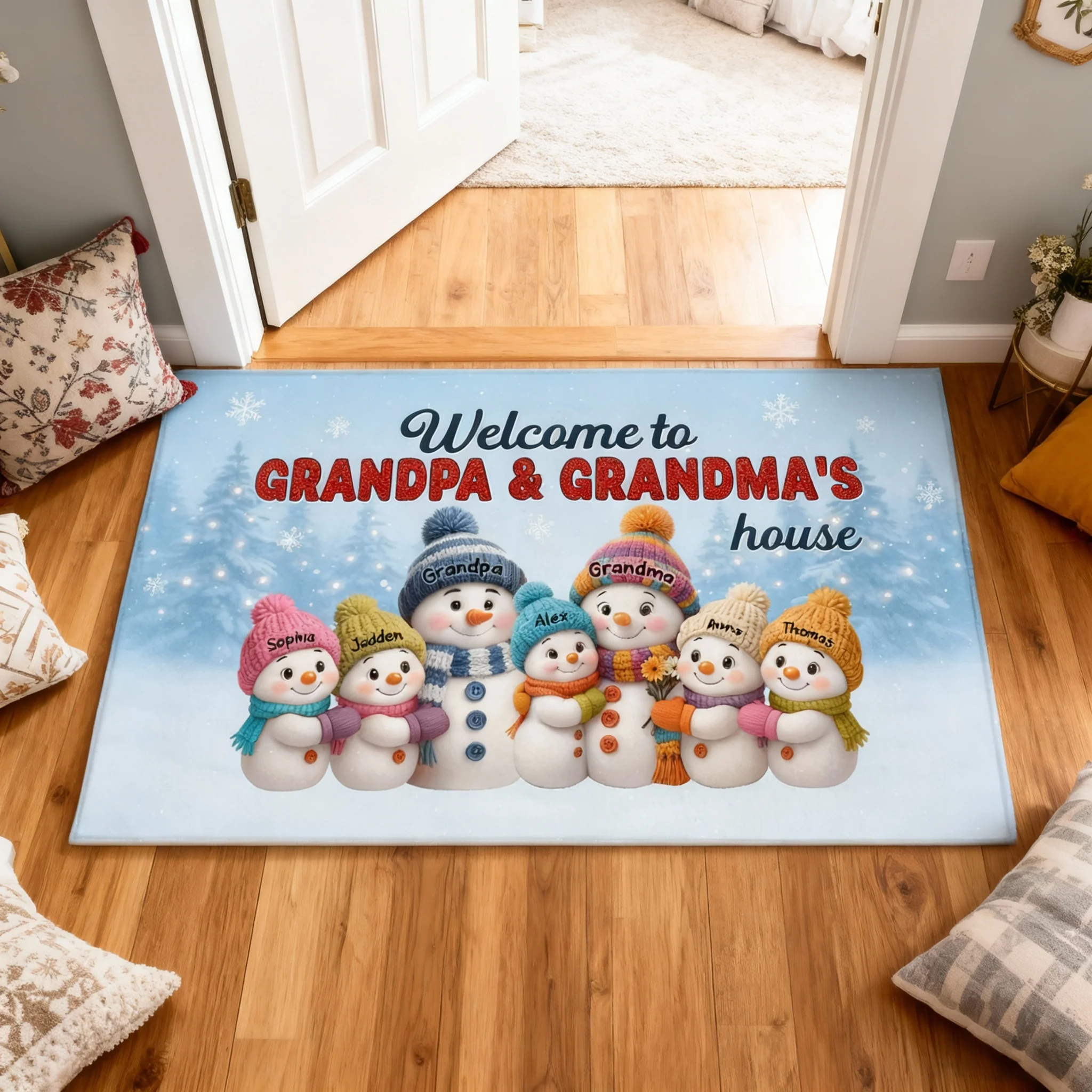 Welcome to Grandpa & Grandma’s House — Snowman Family Doormat, a Cozy Gift for Grandparents