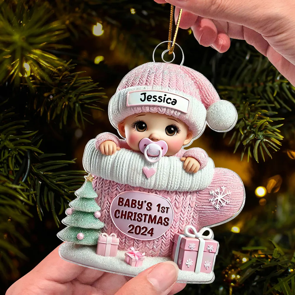 Baby in Mitten Acrylic Ornament, Pastel Knit & Snowflakes, Baby's First Christmas Keepsake, unique gift for new parents - Image 2