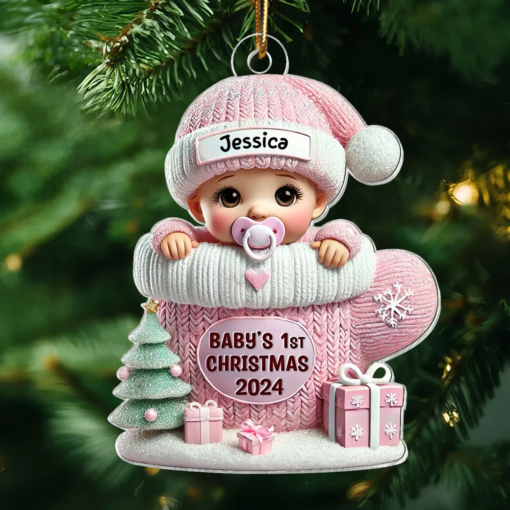 Baby in Mitten Acrylic Ornament, Pastel Knit & Snowflakes, Baby's First Christmas Keepsake, unique gift for new parents - Image 3