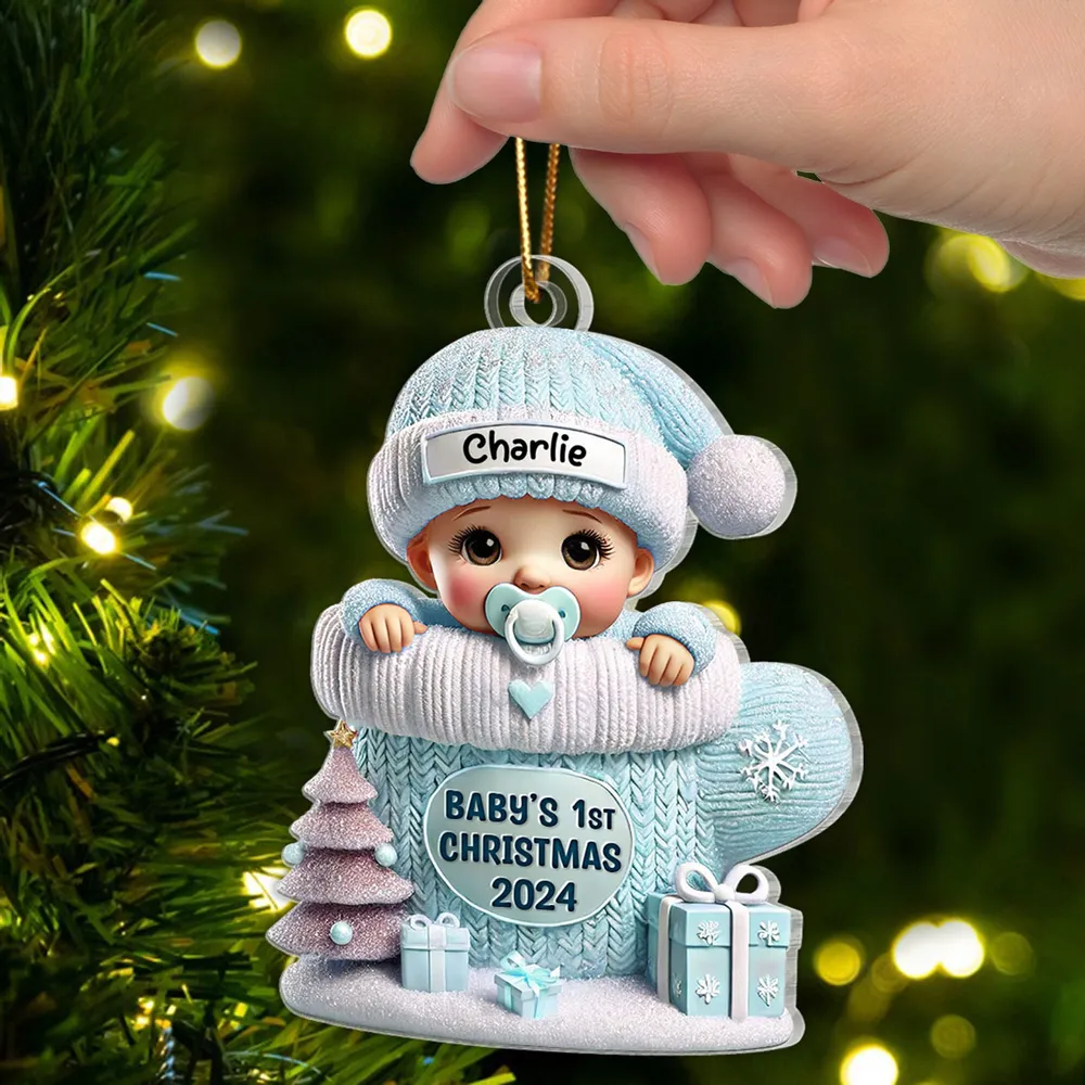 Baby in Mitten Acrylic Ornament, Pastel Knit & Snowflakes, Baby's First Christmas Keepsake, unique gift for new parents - Image 5