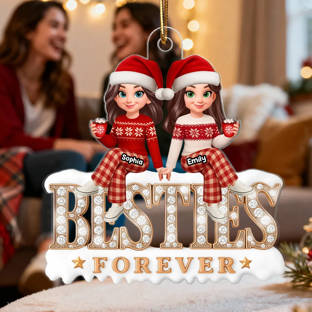 Acrylic Ornament - Besties Forever, cute cartoon friends in Santa hats holding hands, cozy tree decor, unique gift for best friend
