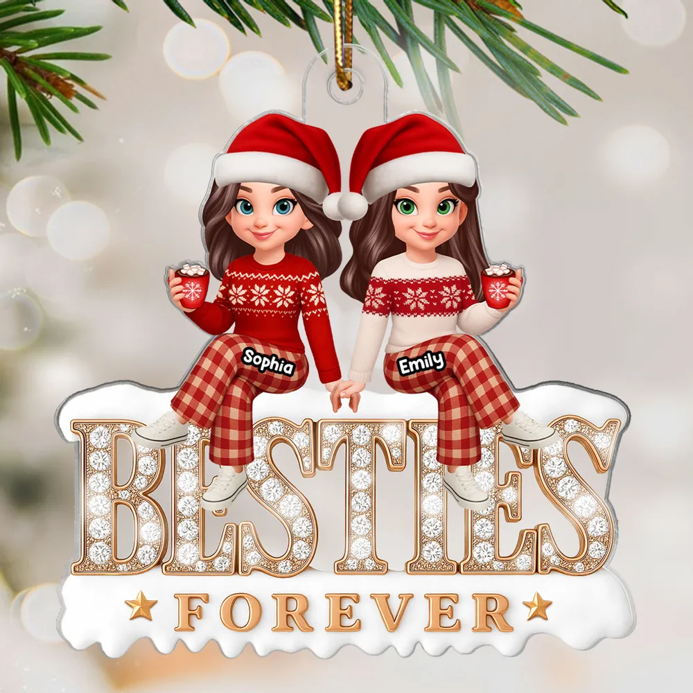 Acrylic Ornament - Besties Forever, cute cartoon friends in Santa hats holding hands, cozy tree decor, unique gift for best friend - Image 6
