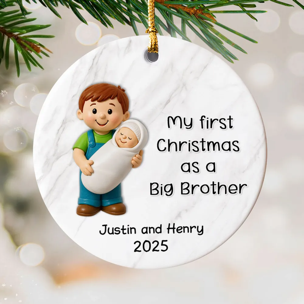 Personalized Big Brother Big Sister Ceramic Ornament celebrating first Christmas as a sibling, round ceramic holiday décor gift