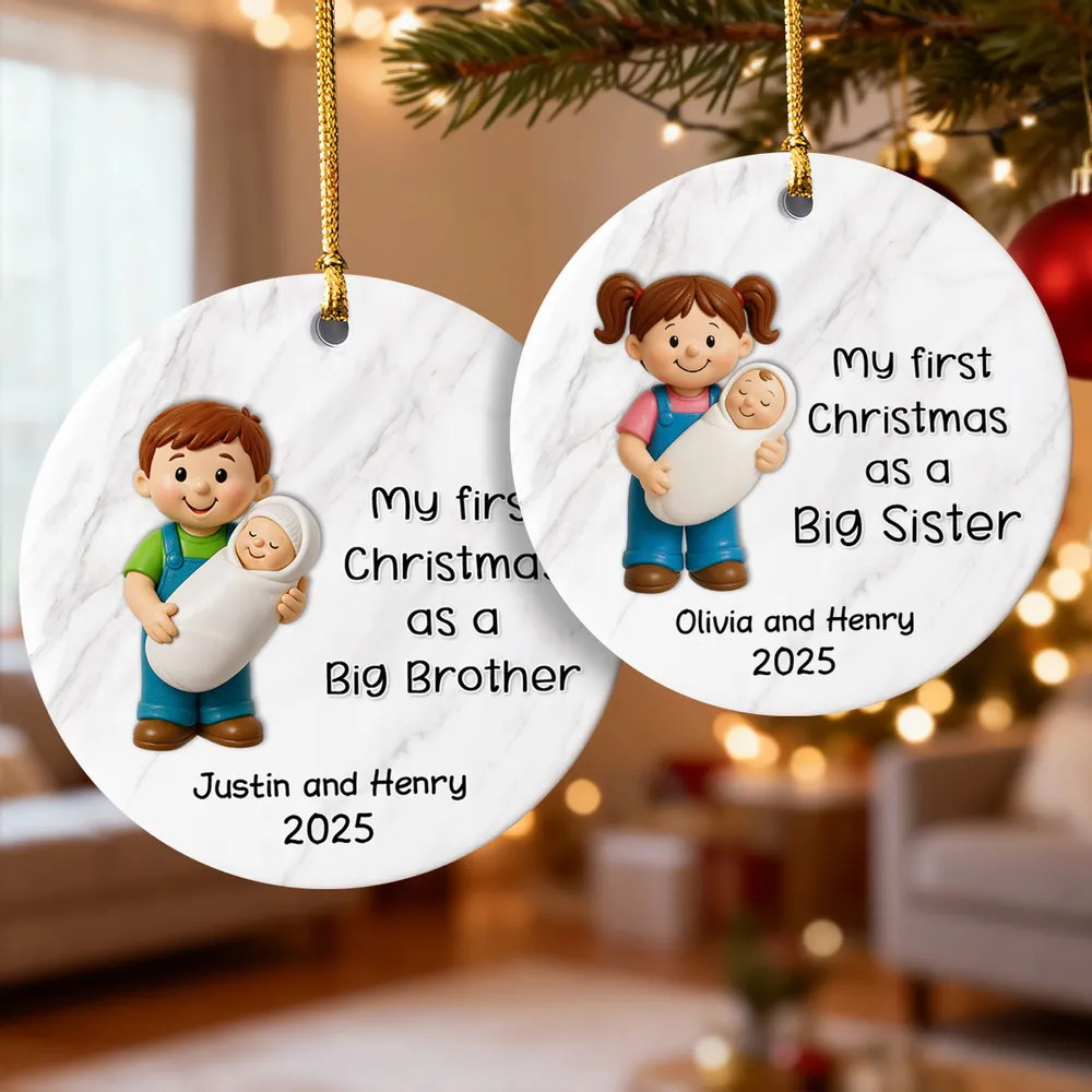 Personalized Big Brother Big Sister Ceramic Ornament celebrating first Christmas as a sibling, round ceramic holiday décor gift - Image 2